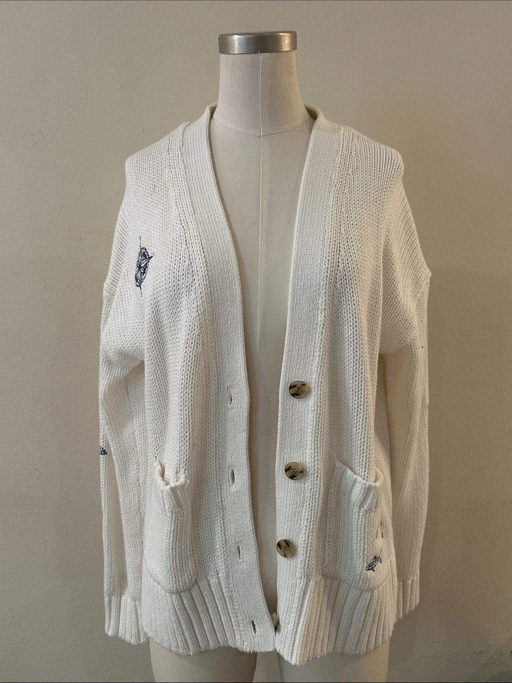 J. Crew Ivory Knit Button-Front Cardigan with Embroidered Detail